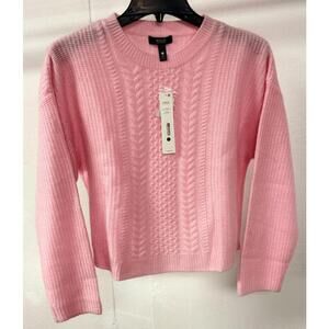 AQUA CASHMERE Cable Knit Crewneck Sweater 100% Cashmere Baby Breath Pink Size S